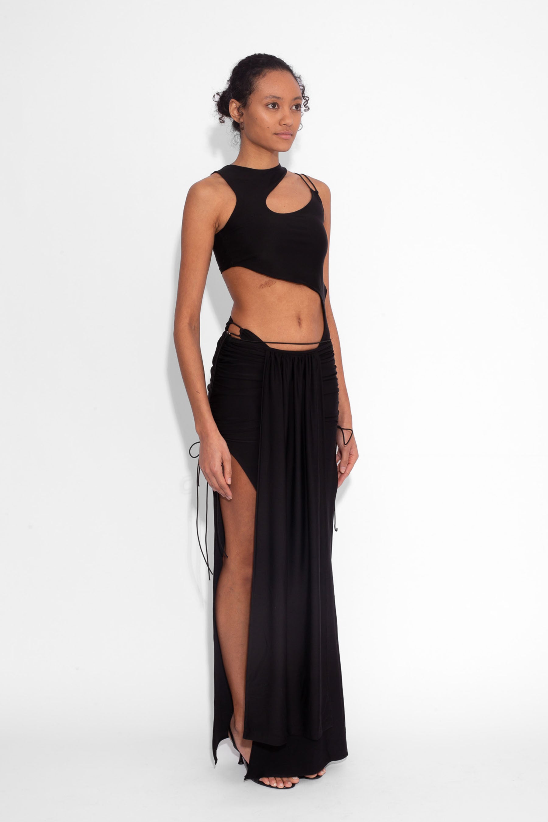 Stretch Draped Maxi Skirt in Black