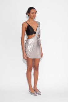 Side Ruched Black and Silver Draped Leatherette Chainmail Dress