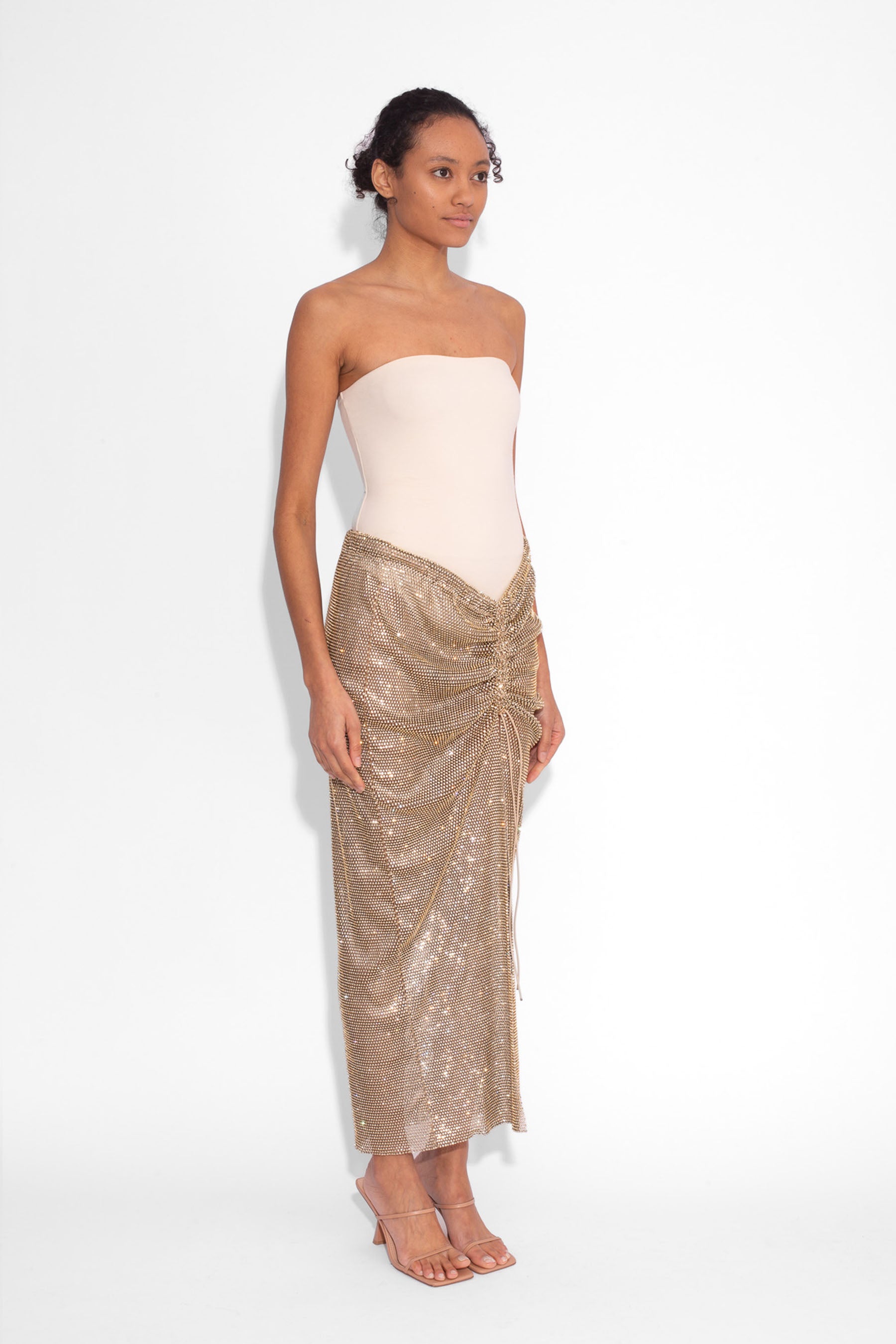 Crystal Embellished Fishnet Maxi Skirt in Gold