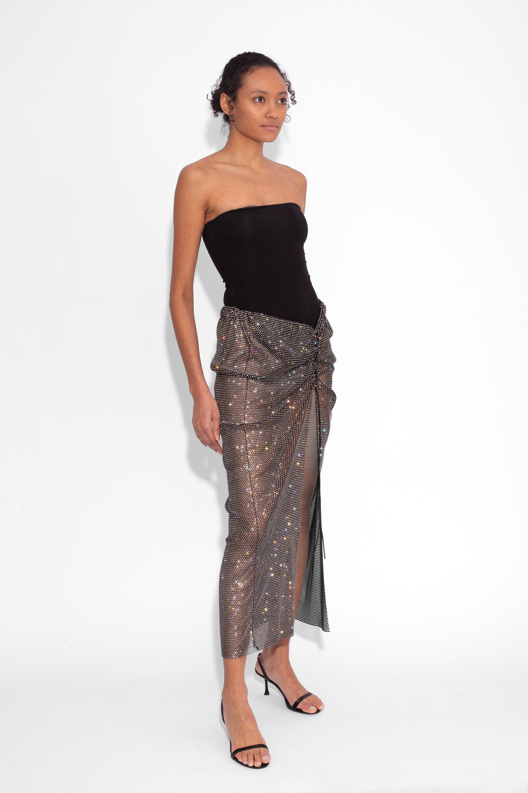 Crystal Embellished Fishnet Maxi Skirt in Black