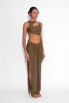 Stretch Draped Maxi Skirt in Khaki