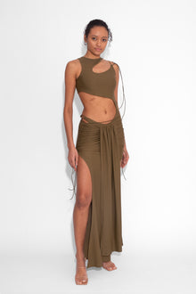 Stretch Draped Maxi Skirt in Khaki