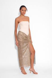 Crystal Embellished Fishnet Maxi Skirt in Gold