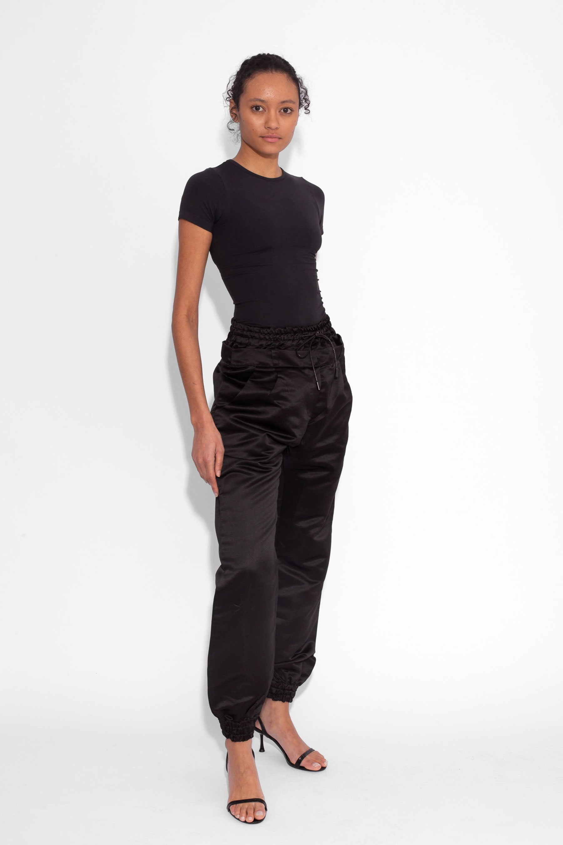 Double Waisted Satin Trousers in Black