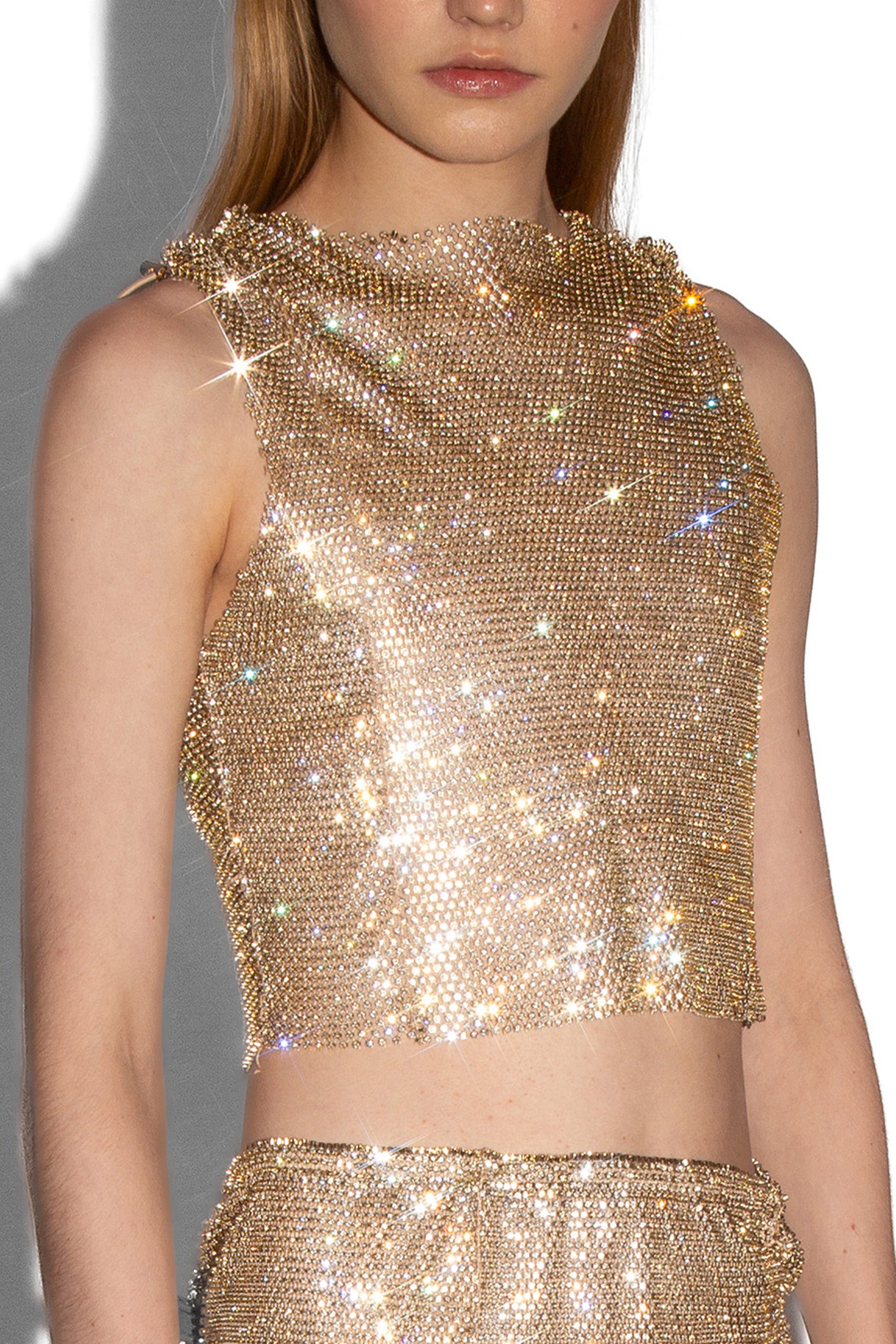 Crystal Embellished Fishnet Tank Top in Gold