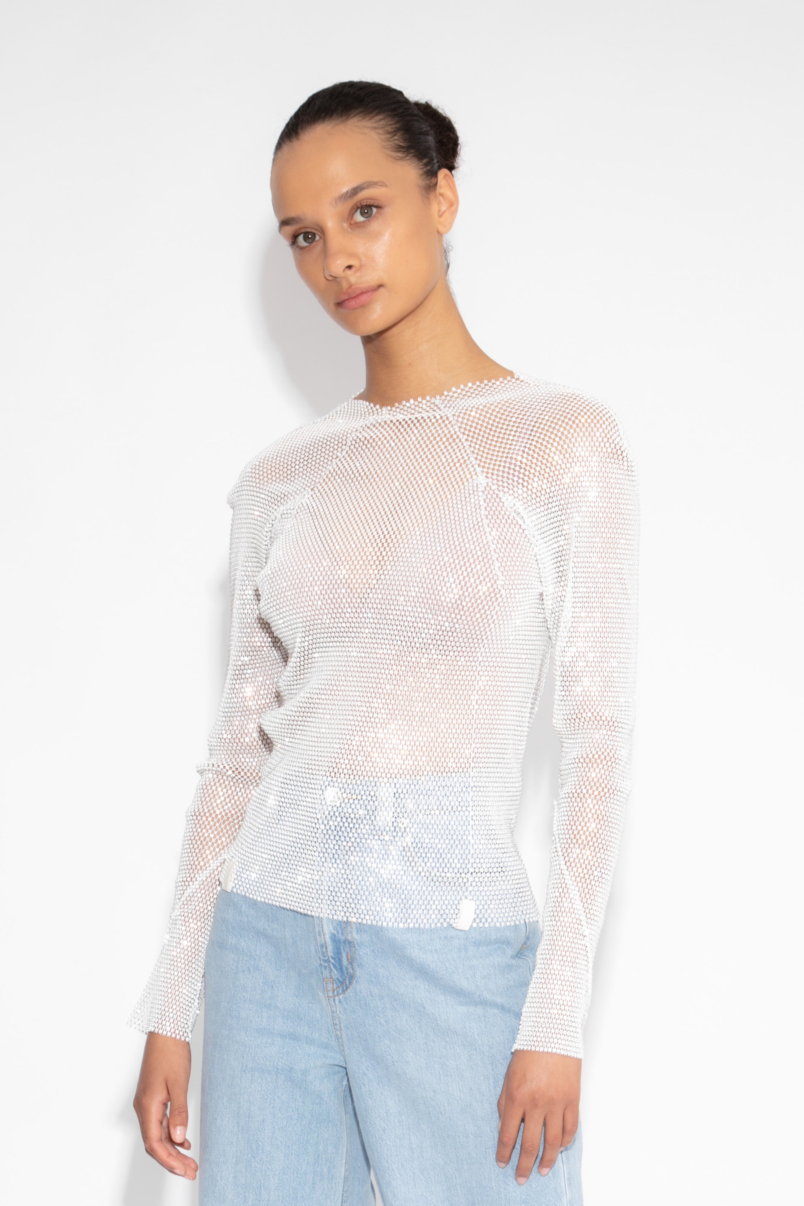 Crystal Embellished Fishnet Top in White