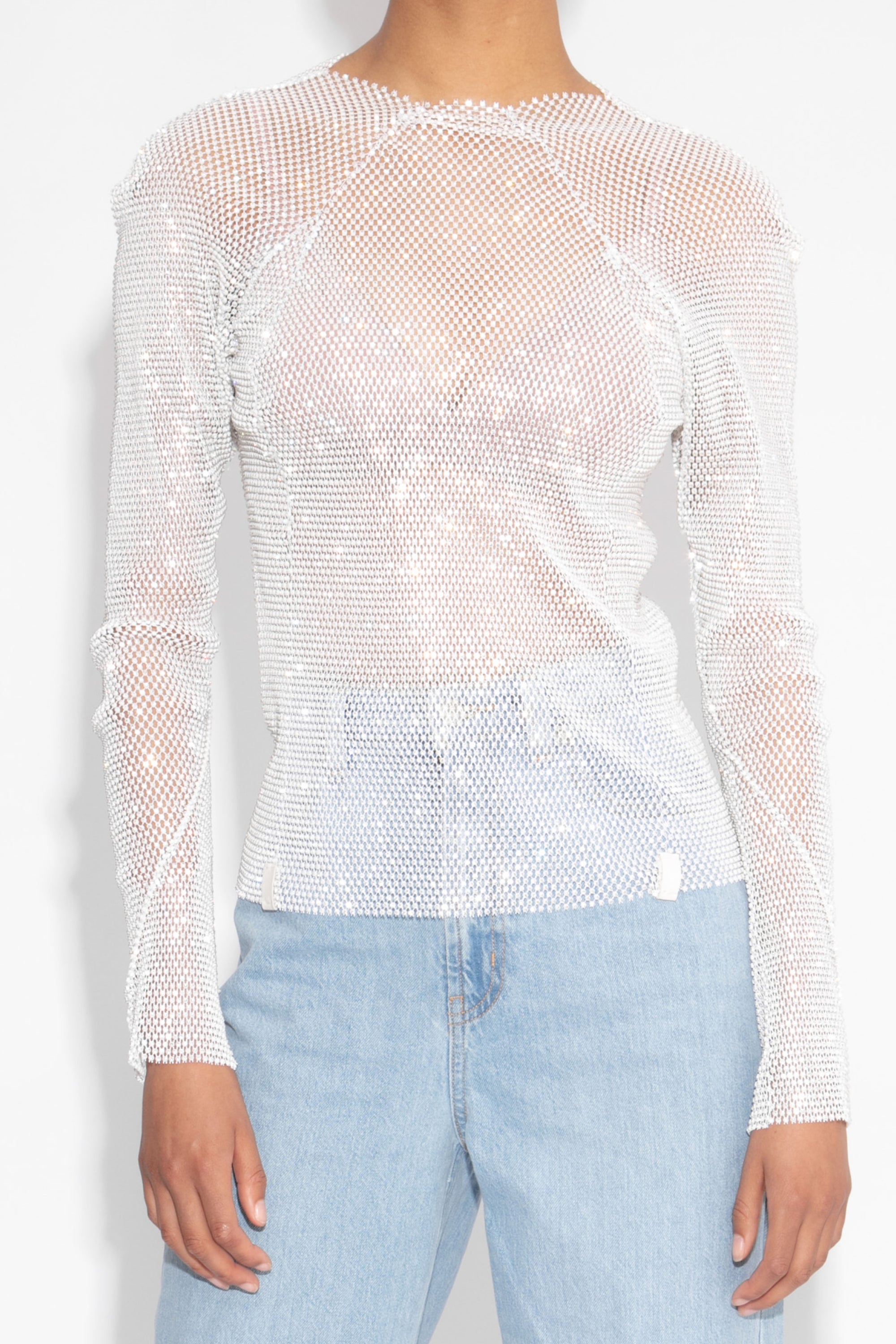 Crystal Embellished Fishnet Top in White