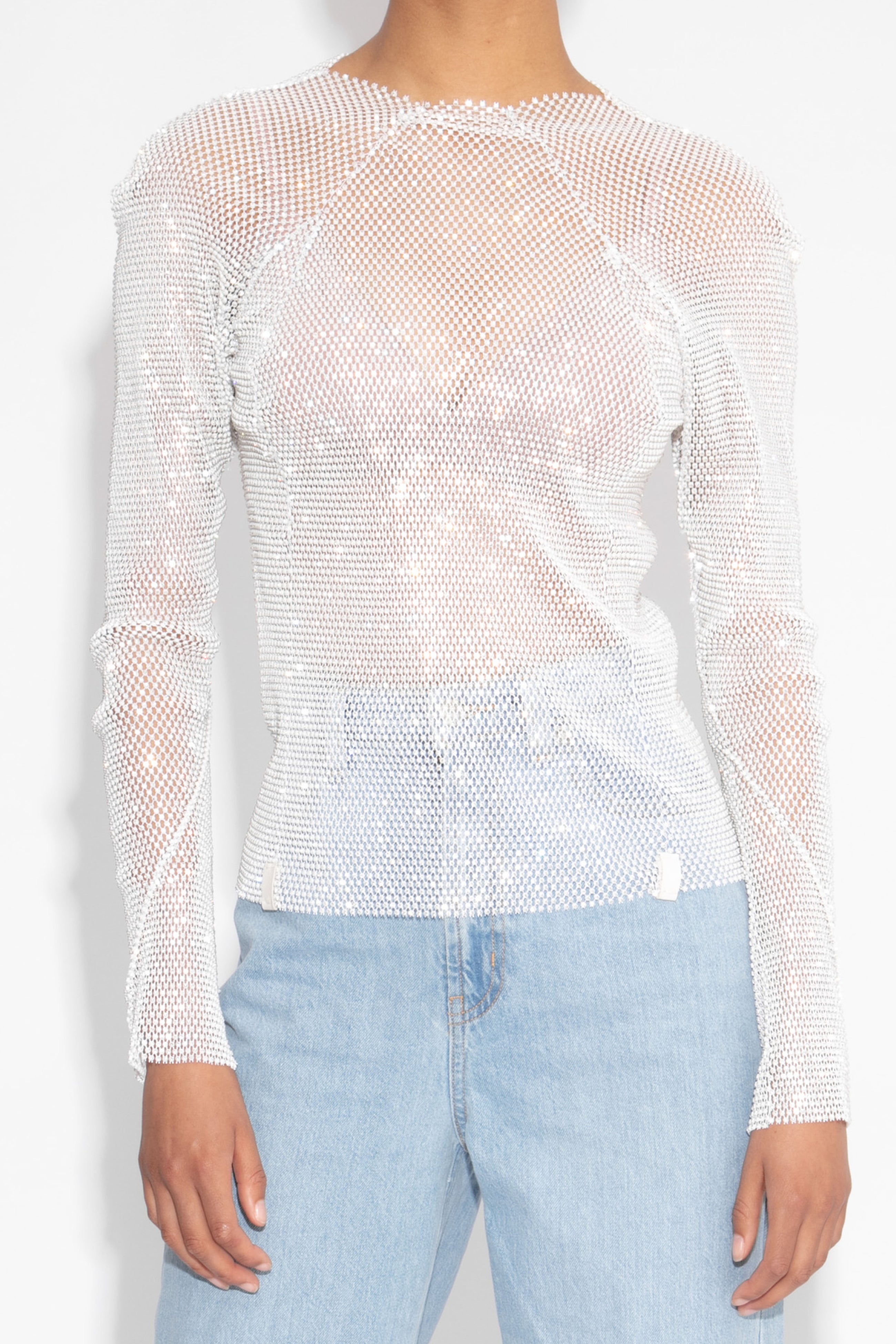 Crystal Embellished Fishnet Top in White