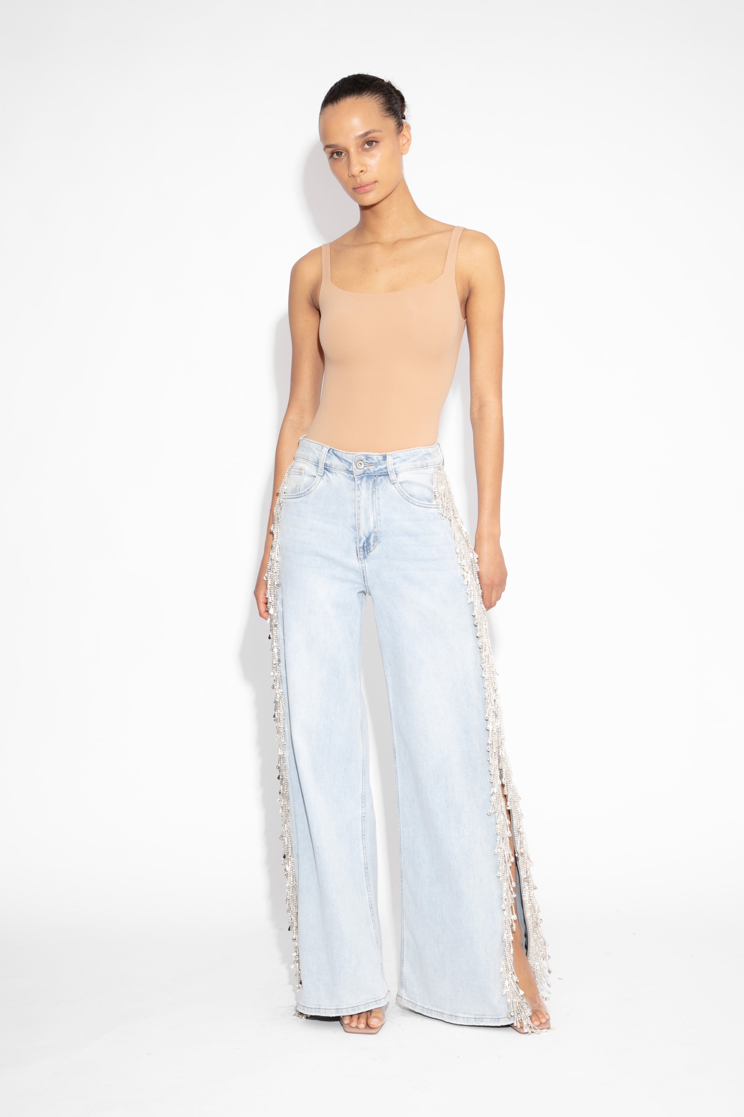 Vintage Crystal Fringe Side Zip Jeans