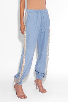 Denim Crystal Fringe Trousers