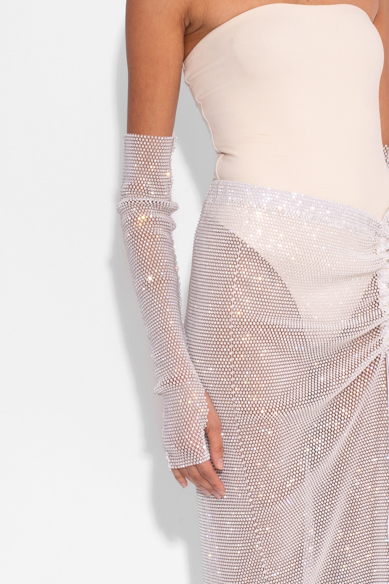 Crystal Embellished Fishnet Gloves in White