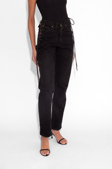 Vintage Crystal Lace Up Jeans in Black