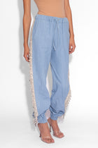 Denim Crystal Fringe Trousers