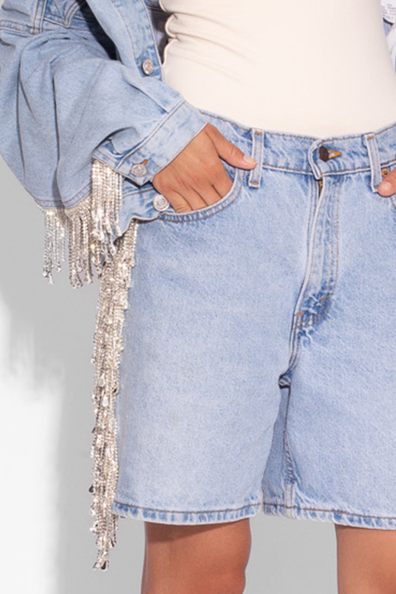 Vintage Denim Crystal Fringe Shorts