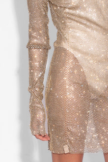 Crystal Embellished Fishnet Mini Dress in Gold