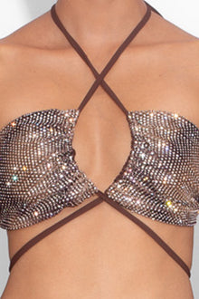 Crystal Embellished Fishnet Cross Bikini Top in Snakeskin