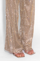 Crystal Embellished Fishnet Trousers in Gold