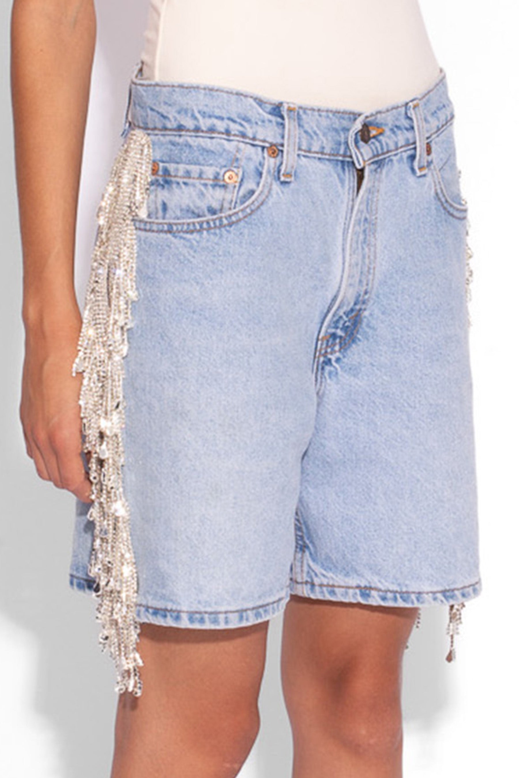 Vintage Denim Crystal Fringe Shorts