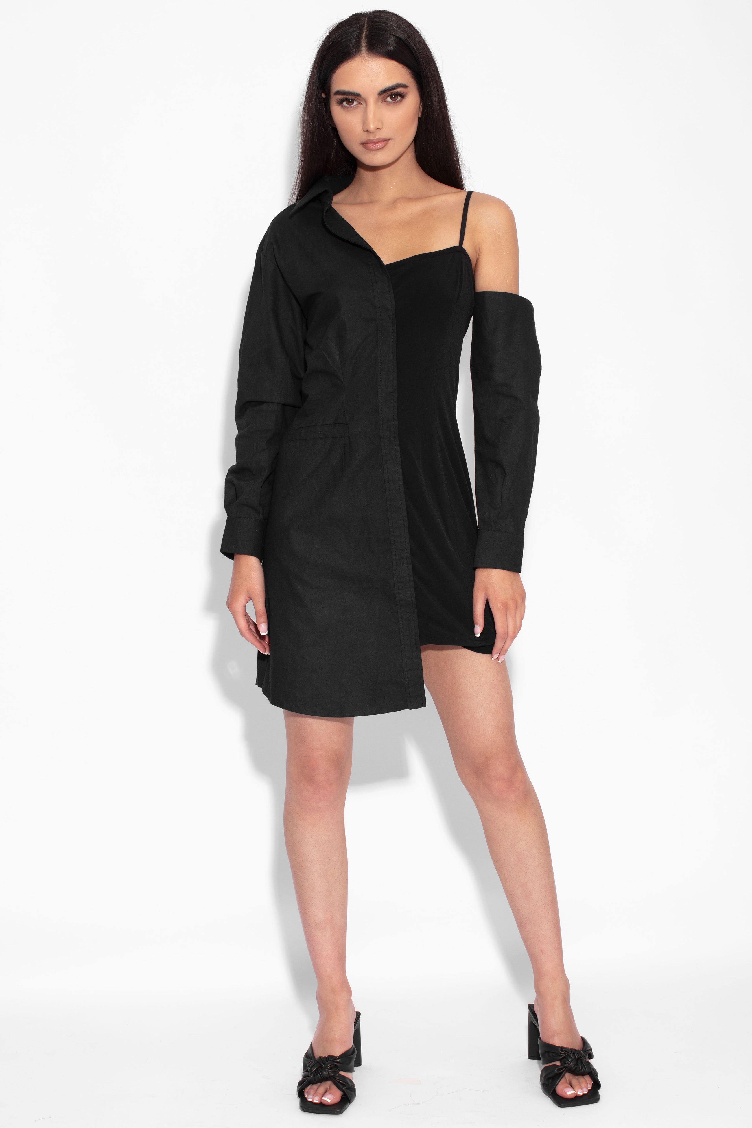 Black Asymmetrical Bodycon Shirt Dress